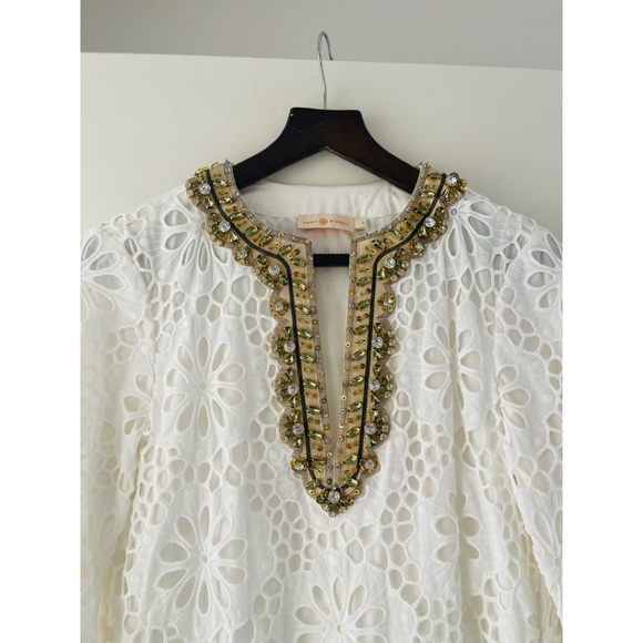 Tory Burch Runway Embellished Lace Caftan Dress 4 Broderie Anglaise 🤍 - Picture 9 of 15